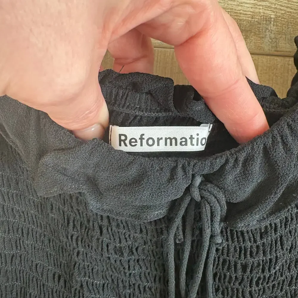 Reformation Black Shirred Tie Front Blouse Size XL
